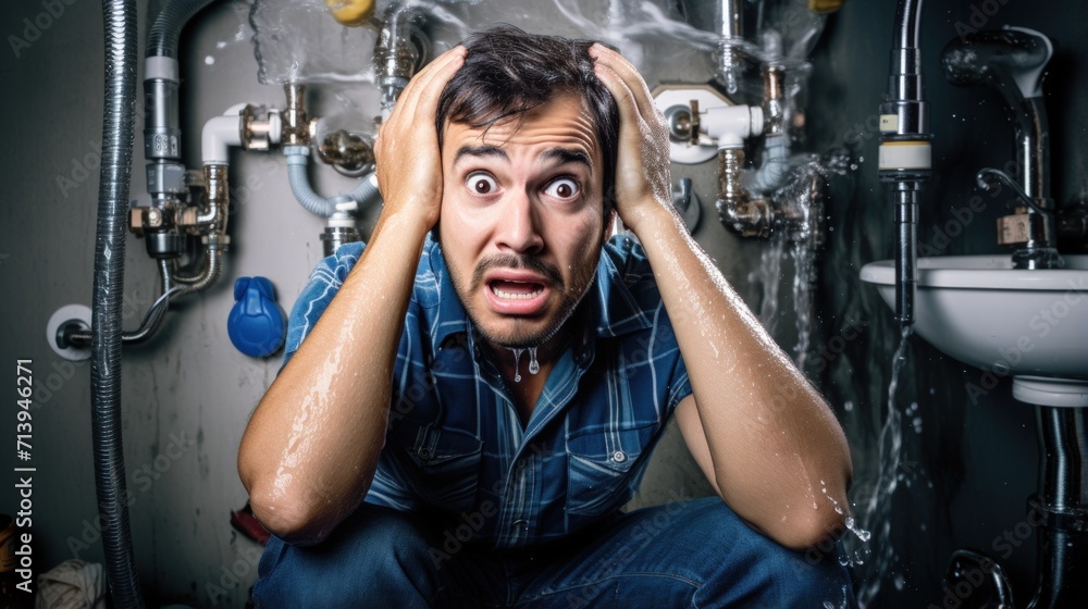 Portrait of a shocked young man in a bathroom. Men's beauty, fashion. Generative AI Portrait of a shocked young man in a bathroom. Men's beauty, fashion. Generative AI