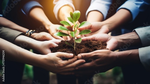 Group of business people hands holding and caring for green tree seedling. Environment conservation and sustainable development concept. Generative AI