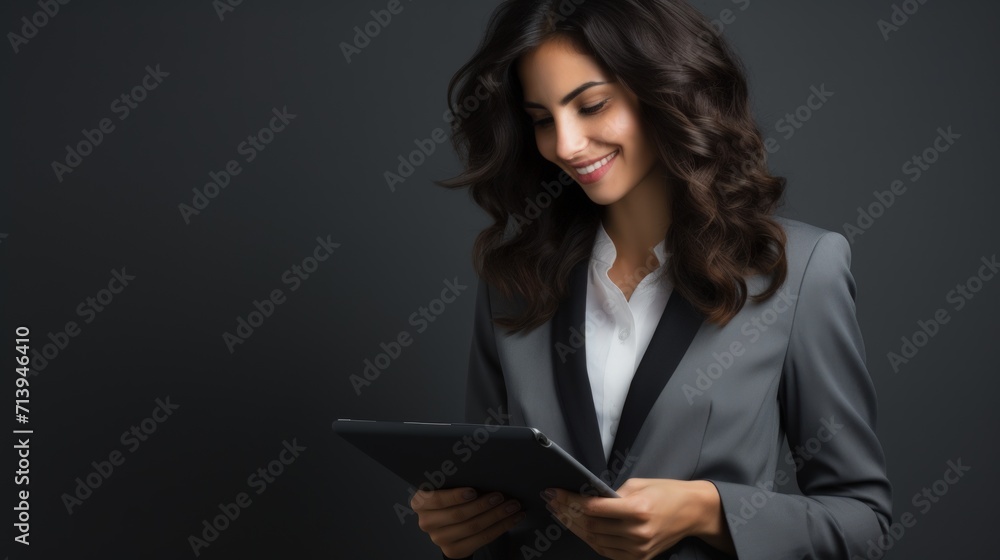 Portrait of happy smiling young businesswoman using tablet computer, over dark background Generative AI Portrait of happy smiling young businesswoman using tablet computer, over dark background Generative AI