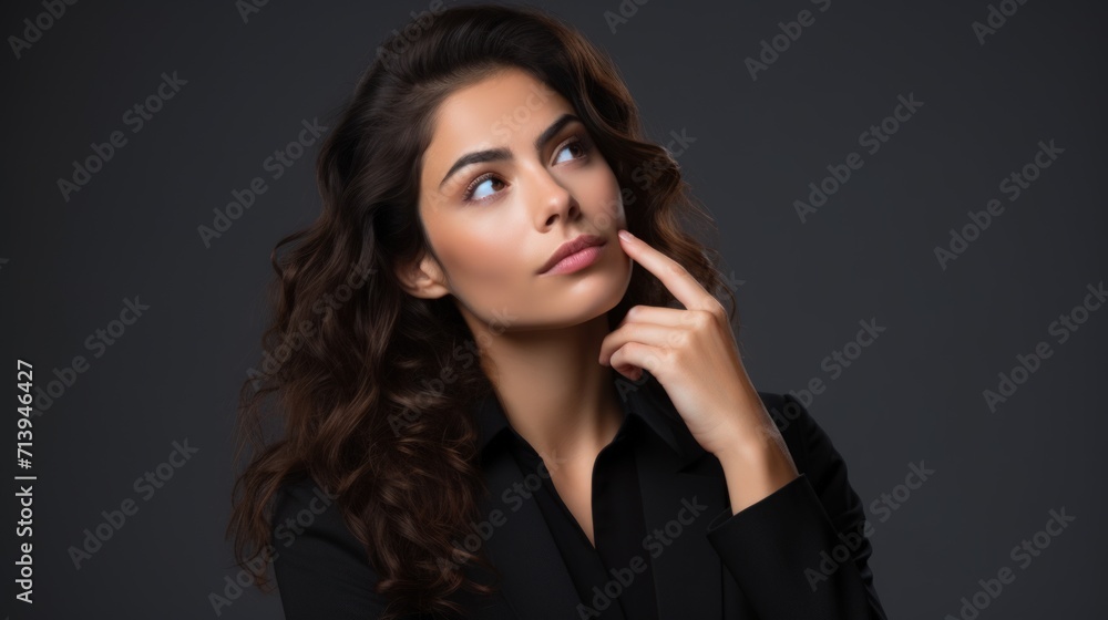 Portrait of thoughtful young businesswoman in black suit looking up. Generative AI Portrait of thoughtful young businesswoman in black suit looking up. Generative AI