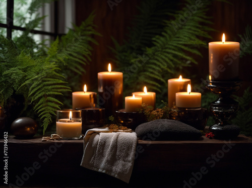 Elevate Your Well-being - Wooden Background, Candles, and Towel Envelop a Tranquil Hot Stone Massage Experience. Unwind with Massage Therapy and Beauty Spa Treatment