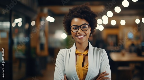 Portrait of a smiling afro american businesswoman in eyeglasses standing in office Generative AI
