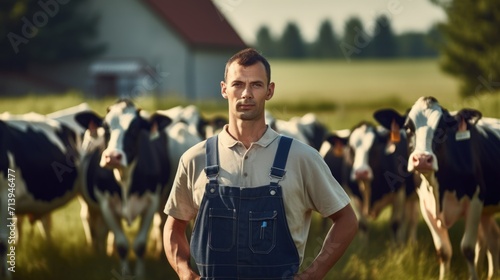 Portrait of confident male farmer standing in herd of cows on farm Generative AI