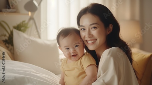 happy young asian family with little baby on the bed at home Generative AI