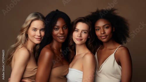 Group of four multiethnic women with different hairstyles and makeup. Generative AI