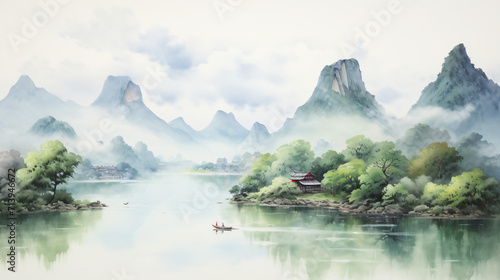 Green Chinese ink landscape painting