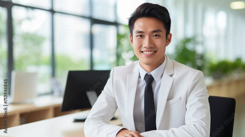 Portrait of happy young asian businessman sitting at his desk in office Generative AI Portrait of happy young asian businessman sitting at his desk in office Generative AI