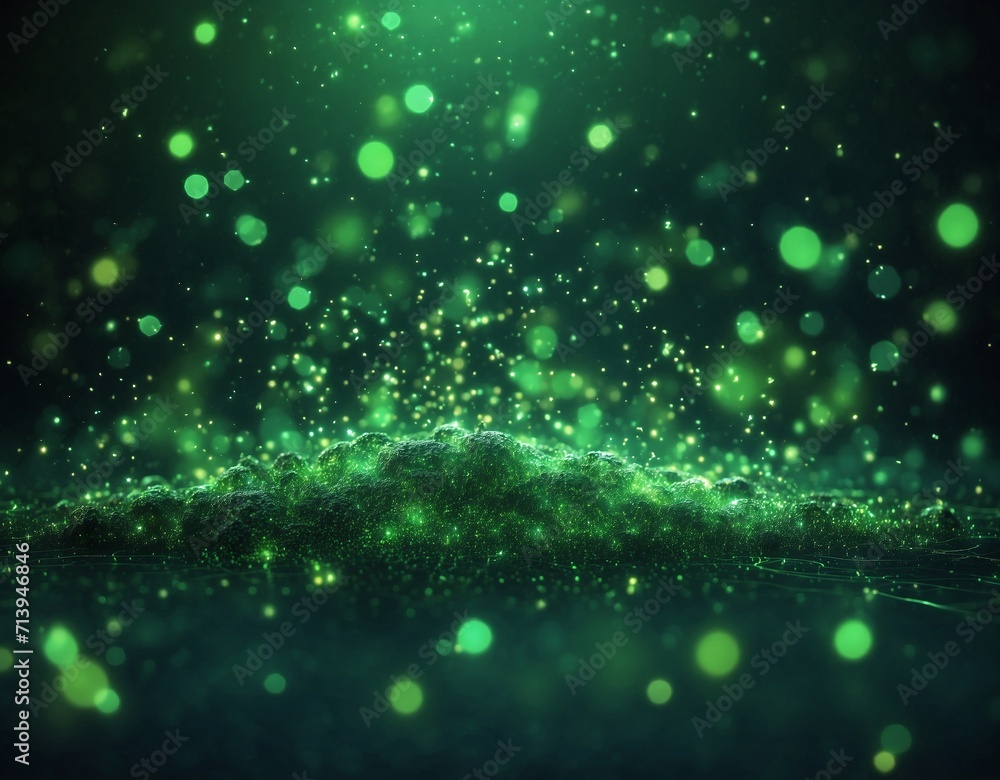 green glow particle abstract bokeh background, green background with stars