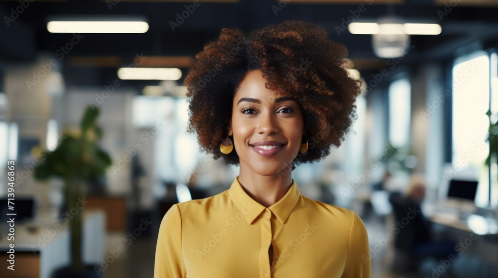 Portrait of smiling afro-american businesswoman in office Generative AI Portrait of smiling afro-american businesswoman in office Generative AI