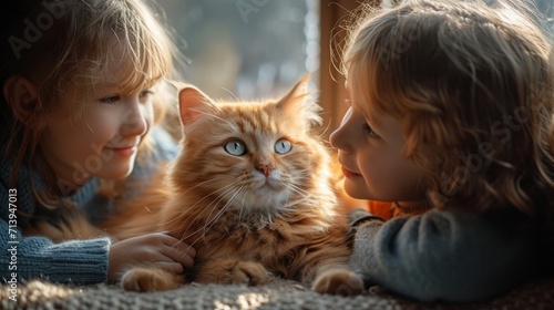 Radiant children having fun with a ginger cat, close-up happiness and joyful expressions