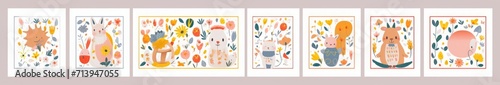 Baby posters and cards with animals and flowers pattern.  illustrations with cute animals. Nursery baby illustrations, Generative AI 