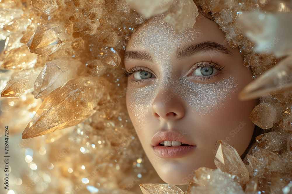Captivating image a close up woman's face crafted from the of a crystal ...