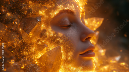 Captivating image a close up woman's face crafted from the of a crystal geode. Surrealistic artwork. The intricate details, and utilize soft lighting. The magical and dreamlike ambiance.