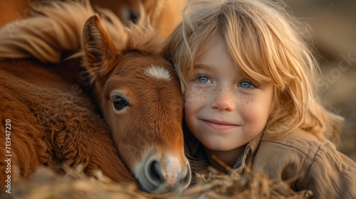A tender moment of childhood. ? child hugs a foal, experiencing joy, carelessness and happiness. Close-up