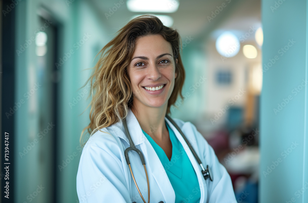 smiling doctor working at clinic, in the style of bokeh panorama smiling doctor working at clinic, in the style of bokeh panorama