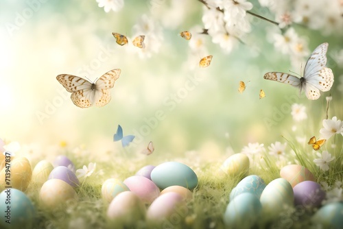 Softly blurred background of a meadow filled with Easter eggs and butterflies, creating a dreamy and ethereal Easter setting.