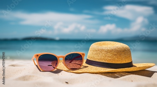 Straw hat and sunglasses on white sand beach with blue sea background