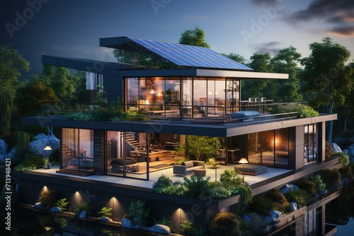 Modern house with solar panels on the roof. 3D rendering © Jahid CF 5327702