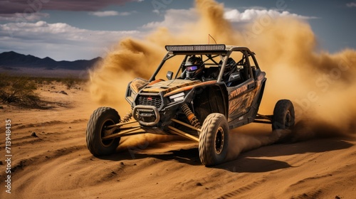 An off-road buggy cruises through the expansive desert. photo