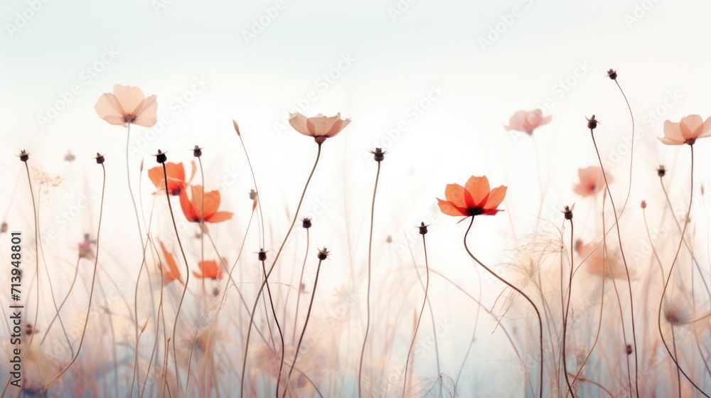 Wild poppy flowers in a muted colour background - obrazy, fototapety, plakaty 