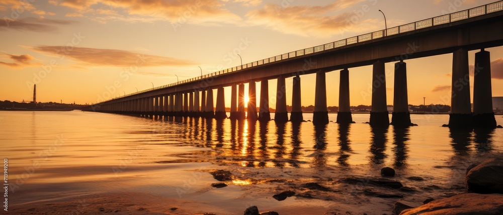 Sun Setting Behind Bridge Over Water, Serene Evening Scene Sun Setting Behind Bridge Over Water, Serene Evening Scene