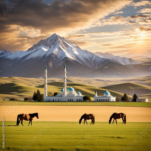 landscape with horses and great mosque background