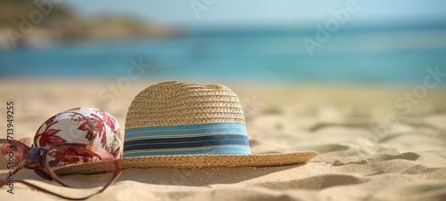 Straw hat, sunglasses and seashell on the beach.