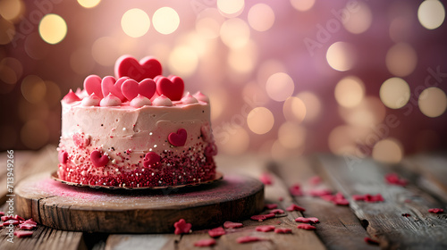 Cute cake in pink colors decorated with hearts. Sweets for Valentine's Day