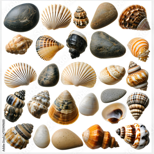 Collection of different shells and pebbles isolated on white background, photo, png 