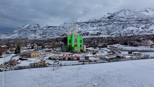 Aerial Lindon Utah LDS Temple winter 2. The Church of Jesus Christ of Latter-day Saints, LDS or Mormon religion. Construction of sacred building for eternal worship. photo