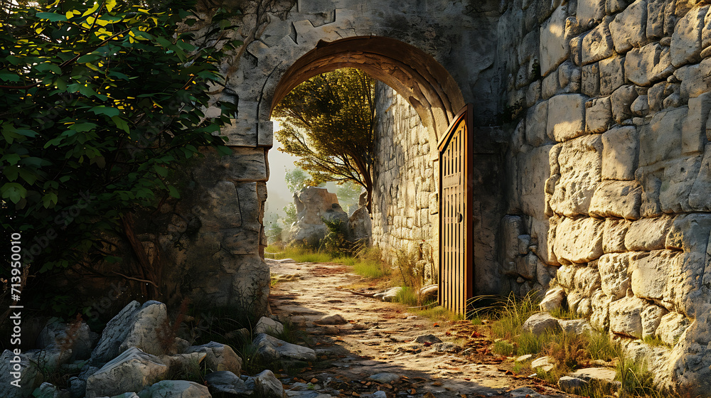 a stone gate in a medieval castle, in the style of realistic rendering, golden light, photo-realistic landscapes