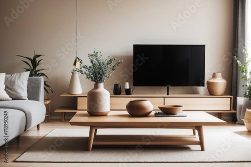 Scandinavian interior home design of modern living room with clay vase on wooden table with tv on beige wall