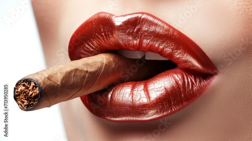 Closeup of a woman holding a cigar in her red lips. Smoking man photo
