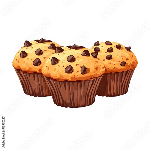 Freshly baked muffins with chocolate chips isolated on white background  cartoon style  png 