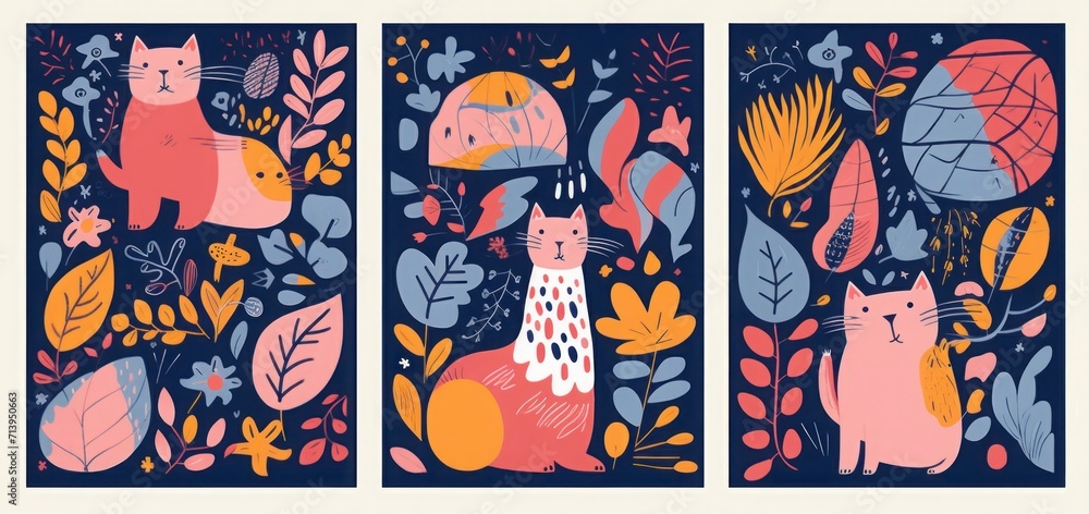 Cute spring pattern collection with cat. Modern posters. Decorative abstract collection with colorful doodles. Hand-drawn modern illustrations with cats, flowers, abstract, Generative AI 