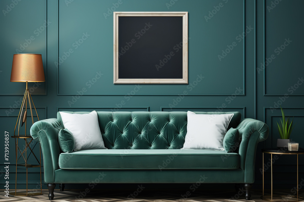 Fototapeta premium New sofa and pouf near green wall