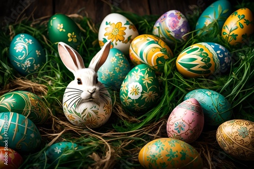 A close-up view of intricately designed Easter eggs surrounded by lush greenery and a charming bunny hopping nearby.