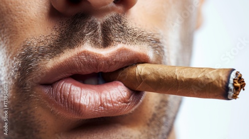 Closeup of a man holding a cigar in his lips. Smoking man photo