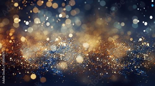 Sky textured space background with gold blue glittering defocused lights photo