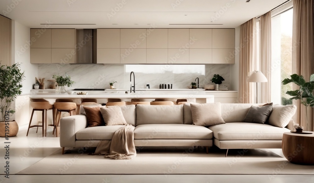 A modern minimalist home interior design with clean lines, sleek furniture, and neutral color palette, featuring an open-concept living space connected to a spacious kitchen, bathed in natural light A modern minimalist home interior design with clean lines, sleek furniture, and neutral color palette, featuring an open-concept living space connected to a spacious kitchen, bathed in natural light
