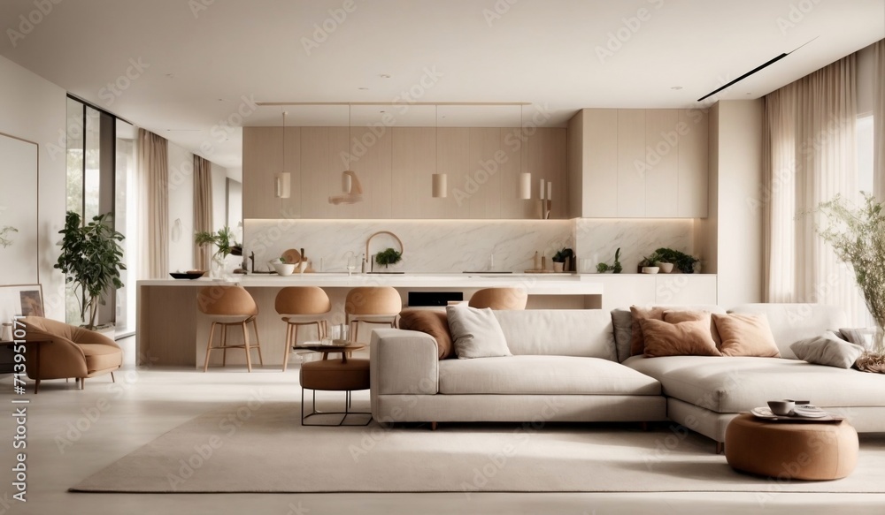 Fototapeta premium A modern minimalist home interior design with clean lines, sleek furniture, and neutral color palette, featuring an open-concept living space connected to a spacious kitchen, bathed in natural light