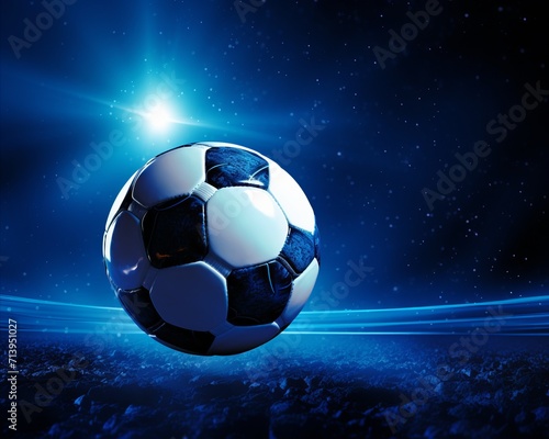 Soccer ball flying over a vivid blue glowing background - dynamic sports and recreation concept