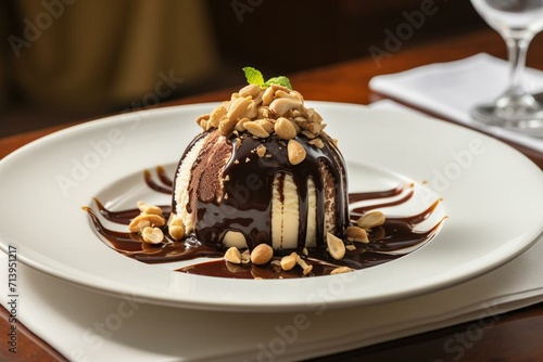 A dessert with ice cream, chocolate sauce, nuts, and a drizzle of chocolate on a plate. Generative AI