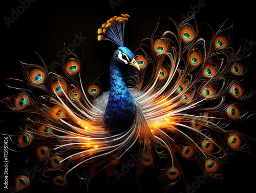 peacock with feathers spread out in the dark