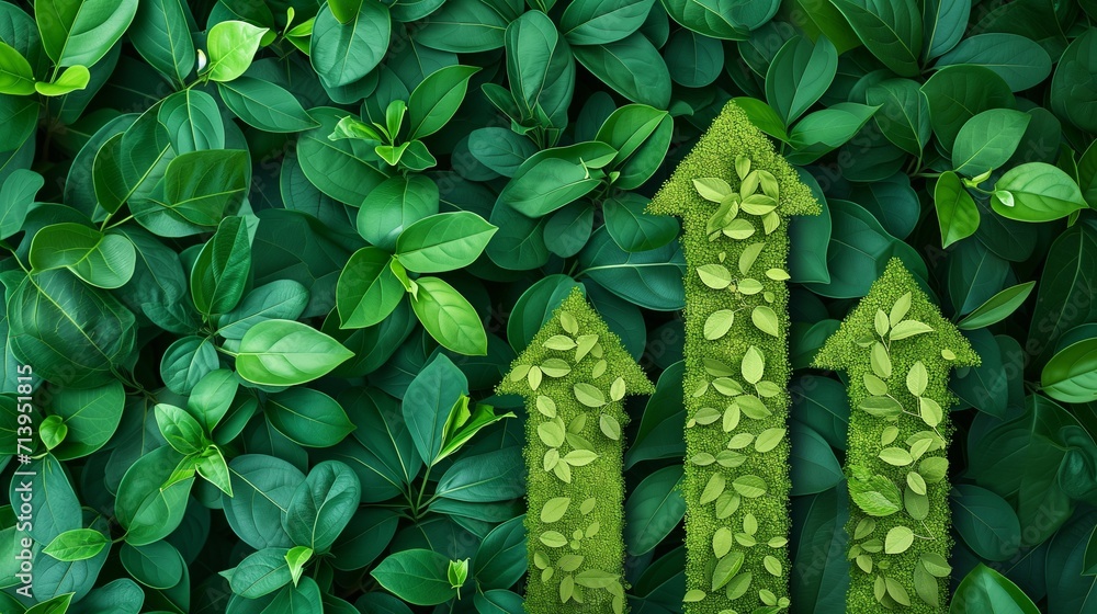 Illustration of upward-pointing arrows made of lush green grass, symbolizing eco-friendly progress, sustainable development, and positive environmental growth trends. - obrazy, fototapety, plakaty 