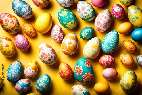 Vibrant Easter eggs arranged in a pattern on a yellow surface, adorned with delicate flower decorations.