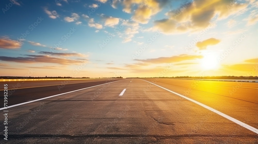 Naklejka premium sunset background highway, long road stretches into the distance. empty street on a beautiful afternoon