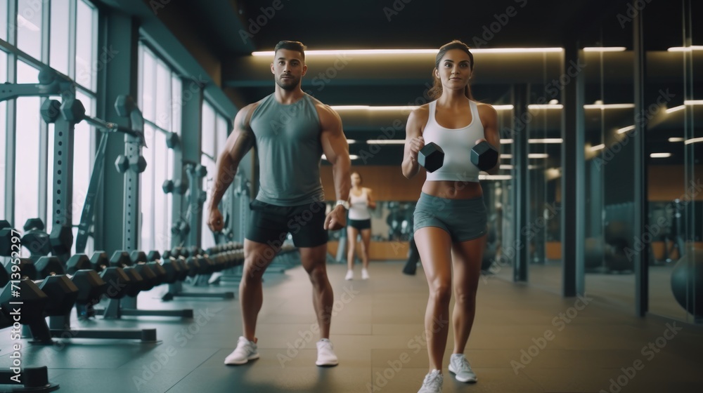 Happy athletic couple having weight training in lunge position at health club.