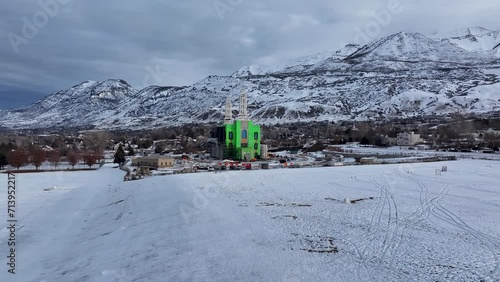 Aerial Lindon Utah LDS Temple winter 1. The Church of Jesus Christ of Latter-day Saints, LDS or Mormon religion. Construction of sacred building for eternal worship. photo