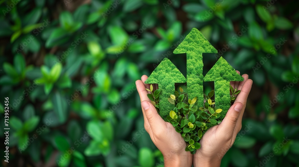 An individual showcasing upward-pointing arrows made of lush green grass, symbolizing the growth and positive momentum in sustainable development and eco-friendly practices. - obrazy, fototapety, plakaty 